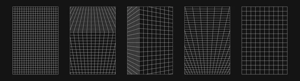 Abstract wireframes, cyberpunk elements and perspective white grids or sphere Stock-Illustration