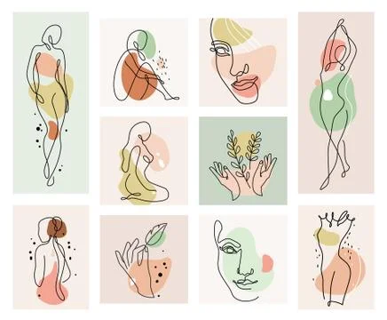 Abstract woman vector background set in continuous line art. Fashion cards with Stock Illustration
