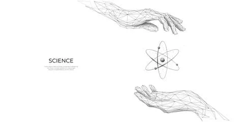 Abstract woman's hands holding atom symbol. Nuclear atom or molecule. Stock Illustration