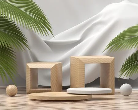 Abstract wooden platform podium showcase for product display with palm leav.. Stock Illustration