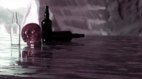 Abstract wooden table with empty bottles of rum, human skull, and falling Illustrazione stock