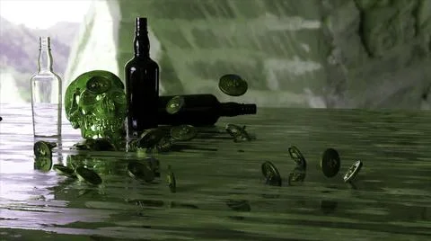 Abstract wooden table with empty bottles of rum, human skull, and falling Illustrazione stock