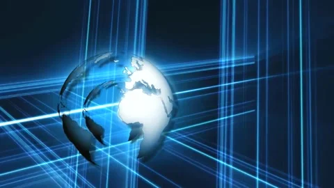 Abstract world globe maps spinning with blue neon light lines Stock Footage 255420296