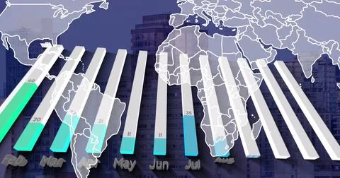 Abstract world map with 3D bar graphs representing monthly data trends Stock Photos
