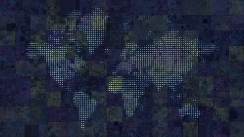Abstract world map animation, pixelated dots, dark grunge tiled background Stock Footage 333466024