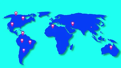 Abstract world map animation with pointers. pins, navigation and travel conce Stock Footage 258551816