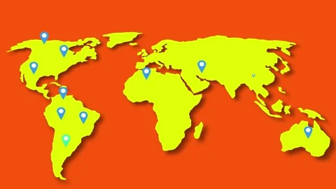 Abstract world map animation with pointers. pins, navigation and travel conce Stock Footage 258551818