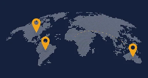 Abstract world map animation with pointers. Pins on world map navigation and Stock Footage 264196686