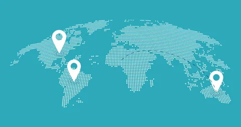 Abstract world map animation with pointers. Pins on world map navigation and Stock Footage 265816446