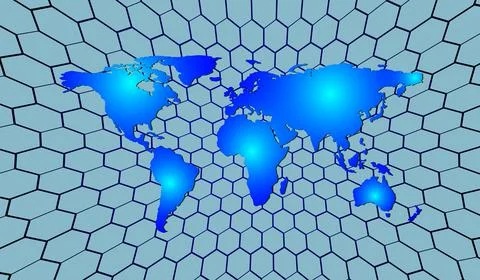 Abstract world map on a background of hexagons. Vector illustration Stock Illustration