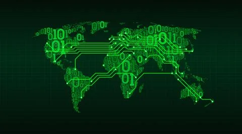 Abstract world map binary code grid background, connection cities circuit board Stock Illustration