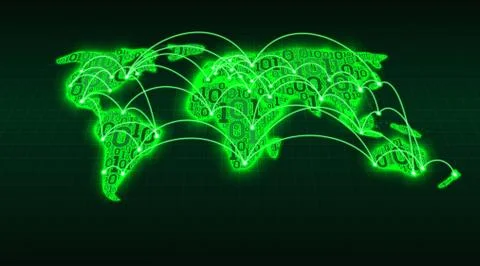 Abstract world map binary code grid background, global Internet transactions Illustrazione stock
