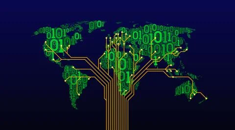 Abstract world map binary code on dark background, connection in form tree Stock Illustration