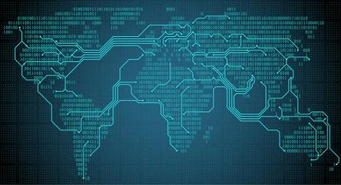 Abstract world map with digital binary continents, cities printed circuit board Stock Illustration