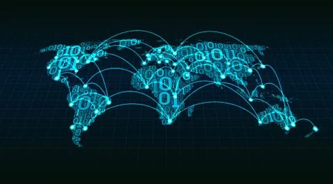 Abstract world map from digital binary code, global Internet transactions Illustrazione stock