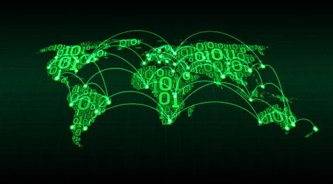 Abstract world map from digital binary code on a grid background, transactions Stock Illustration