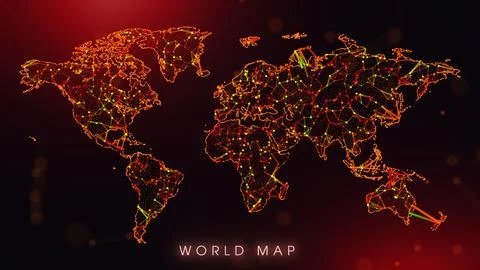 Abstract World Map Digital Network Background With Red And Orange Plexus Dots Stock Illustration