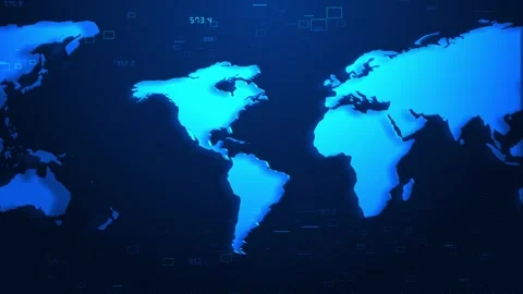 Abstract world map floating data numbers, squares, digital interface elements. Stock Footage 333794724