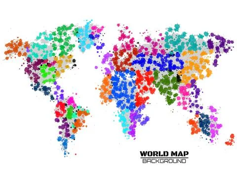 Abstract world map in the form of blots, colorful ink splashes, grunge splatt Stock Illustration