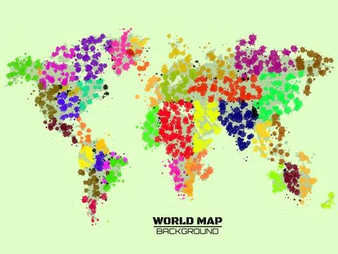 Abstract world map in the form of blots, colorful ink splashes, grunge splatt Stock Illustration