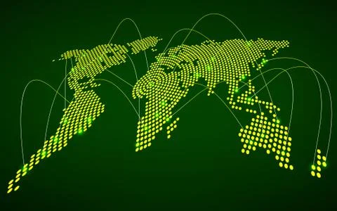 Abstract world map with glowing radial dots, network connection Stock Illustration