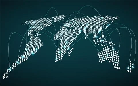 Abstract world map with glowing radial dots, network connection Stock Illustration