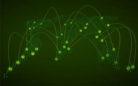Abstract world map with glowing radial dots, network connection. Vector Stock Illustration
