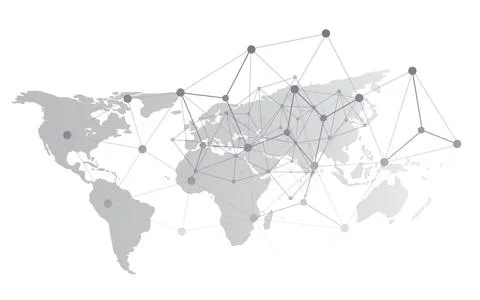 Abstract world map illustration with interconnected nodes and geometric wir.. Illustrazione stock