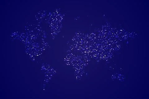 Abstract world map made of glowing purple and blue digital dots. Global con.. Stockillustratie