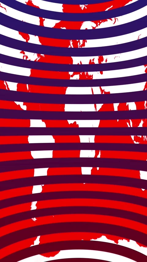 Abstract world map silhouette behind curved horizontal stripes in red, whit.. Stock Footage 345965355