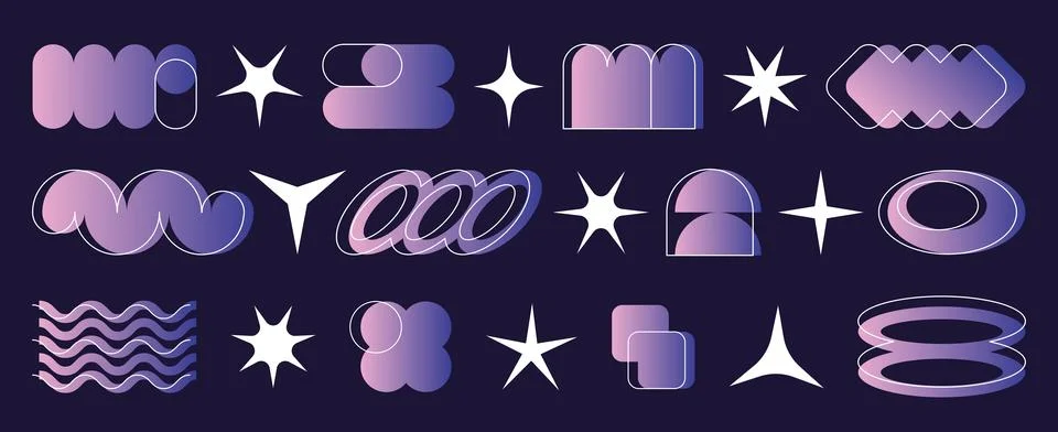 Abstract y2k gradient shapes set isolated on black Stock Illustration