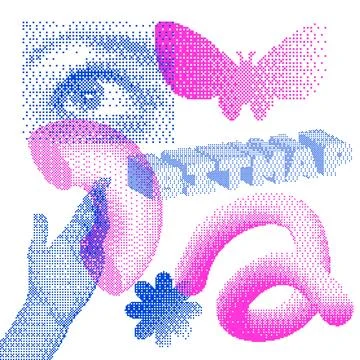 Abstract Y2K Graphic Design 3D Forms Elements set. Trendy Shapes, eye and hand Stock Illustration