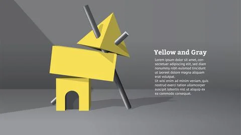 Abstract yellow 3D objects or elements installation balancing in the gray room Stock Illustration