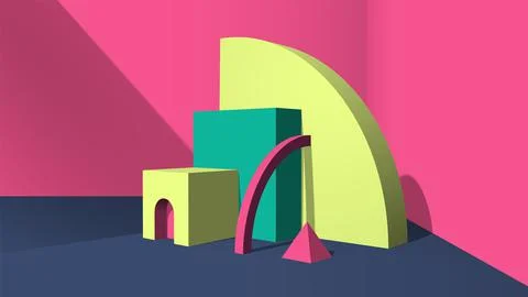 Abstract yellow 3D objects or elements installation in the pink room for a Stock Illustration