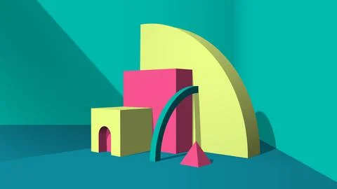 Abstract yellow 3D objects or elements installation in the green room for a Stock Illustration