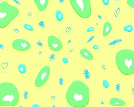 Abstract yellow background on it are green circles of different sizes and hearts Stock Illustration