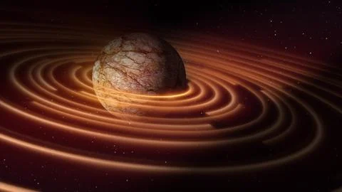 Abstract yellow brown space planet with a round asteroid belt ring futuristic Stock Illustration