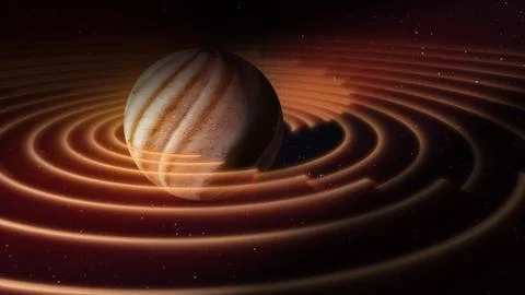Abstract yellow brown space planet with a round asteroid belt ring  futuris.. 스톡 일러스트