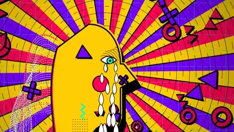 Abstract Yellow Crying Face Pop Art Animation With Psychedelic Sunburst Stock Footage 341174518