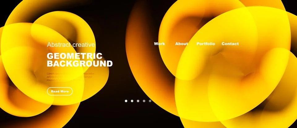 Abstract yellow design features overlapping circles. Text includes work, abou Stock Illustration