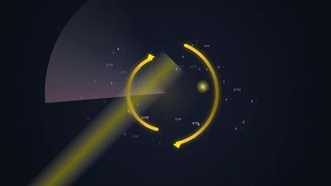 Abstract Yellow Digital Cycle with Data Flow and Light Beam on Dark Backgroun Stock Footage 348416207