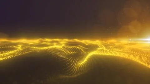 The abstract yellow energy surface with magic waves of particles and points.. Stock Illustration