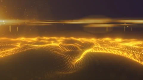 The abstract yellow energy surface with magic waves of particles and points w Stock Illustration