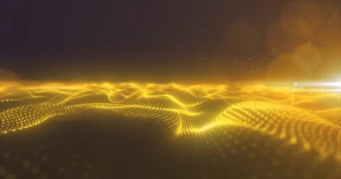 Abstract yellow energy surface with magic waves of particles and points wit.. Stock Photos