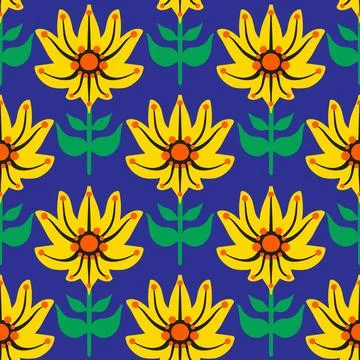 Abstract yellow flowers seamless pattern on blue background Illustrazione stock