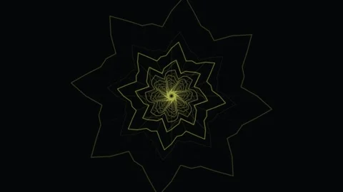 Abstract yellow geometric star tunnel rotating on black background Stock Footage 335859932