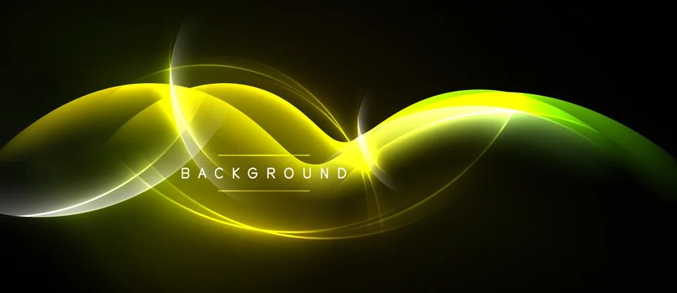 Abstract yellow light waves over black background. Dynamic curves create gl.. Stock Illustration