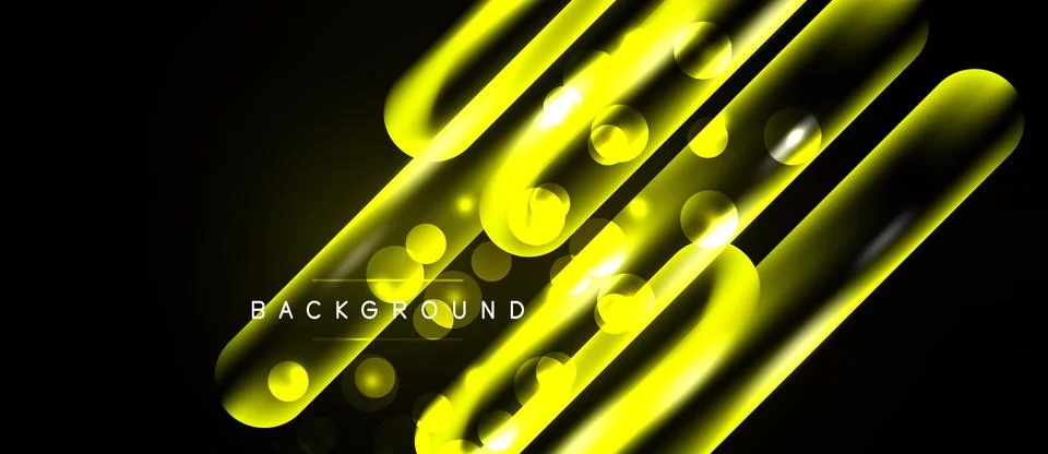 Abstract yellow lines, bubbles, glowing particles over black background. Mode Illustrazione stock