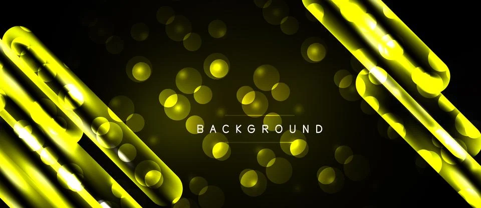 Abstract yellow lines, bubbles over black backdrop. Modern design, dynamic Stock Illustration