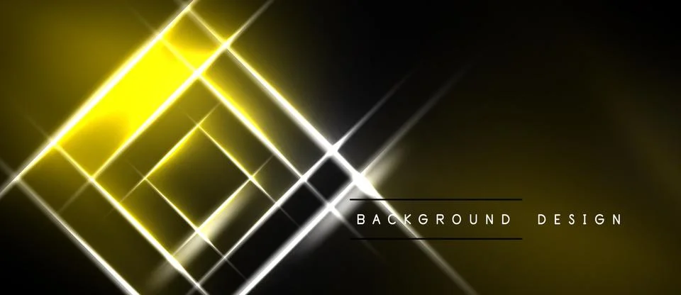Abstract yellow lines intersect over black background. Bright glow creates Stock Illustration